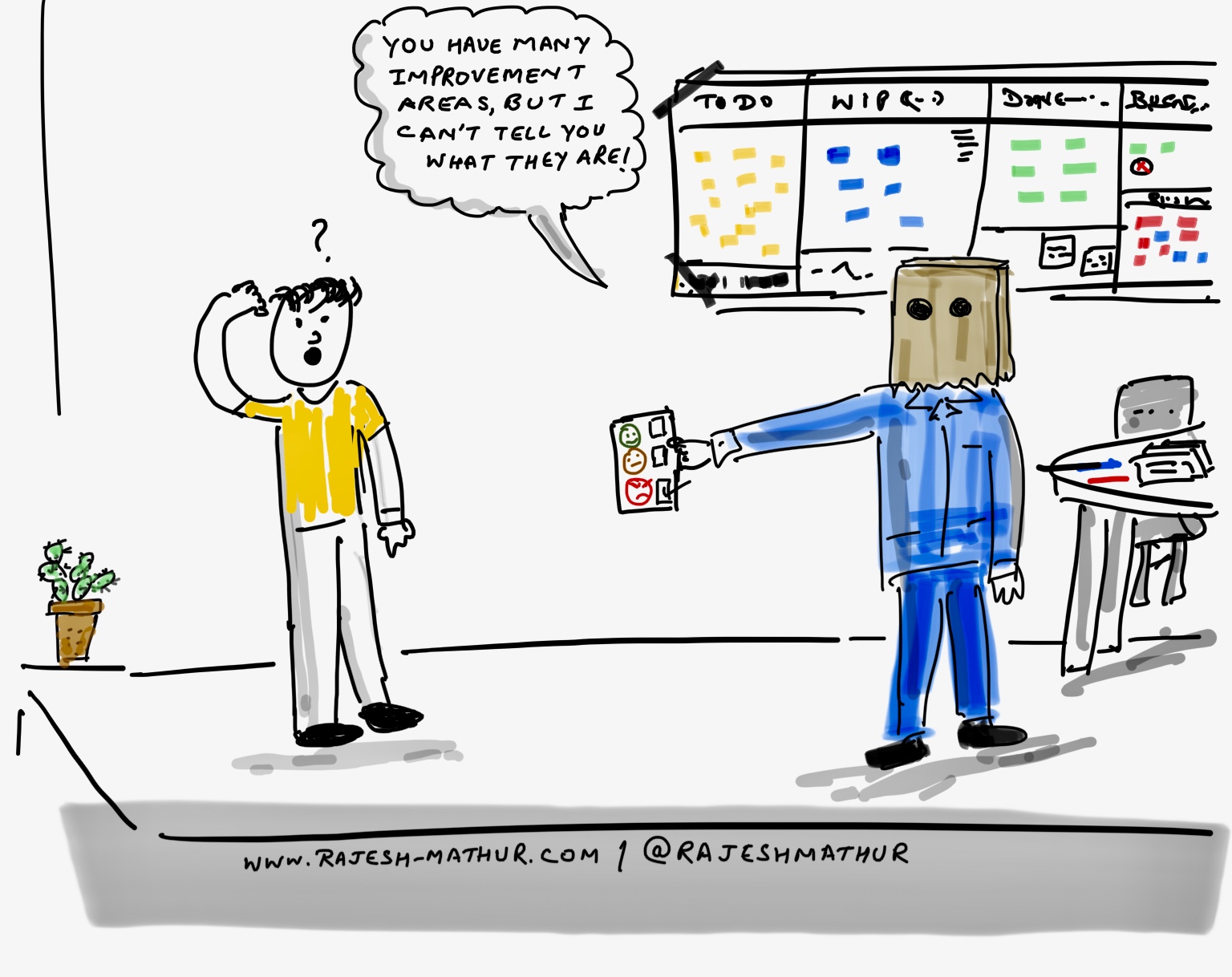 A person providing feedback to other while hiding his face.